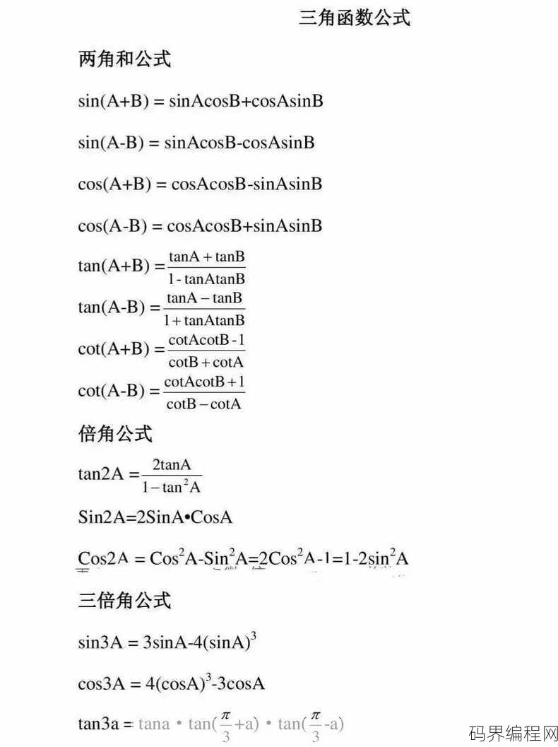 大学三角函数常用公式，大学必备，三角函数核心公式速查手册