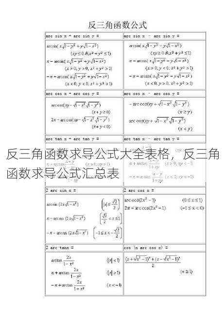 反三角函数求导公式大全表格