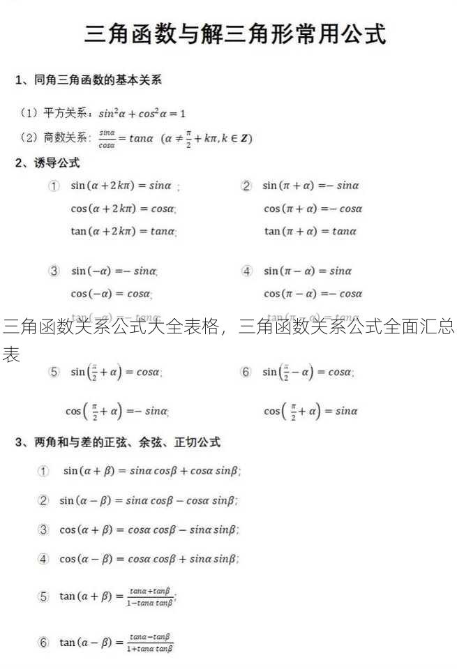 三角函数关系公式大全表格