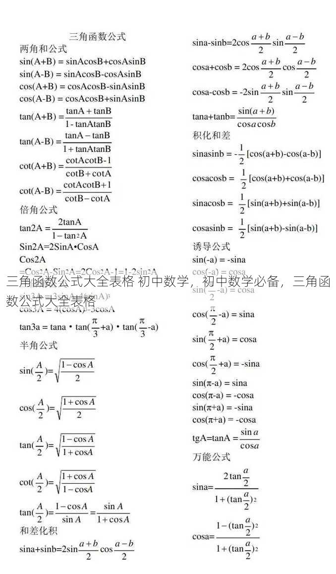 三角函数公式大全表格 初中数学