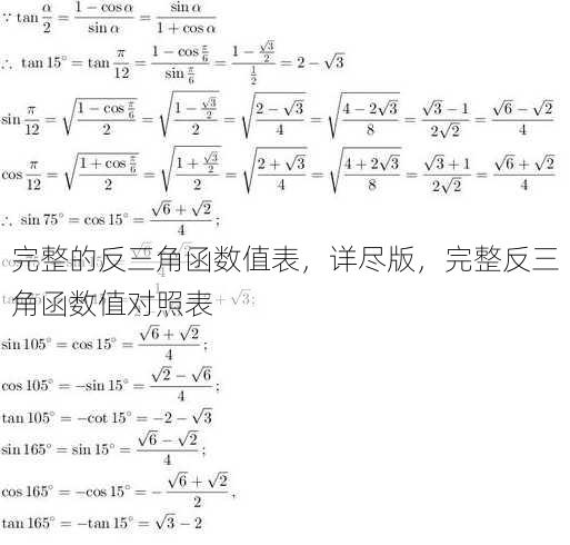 完整的反三角函数值表