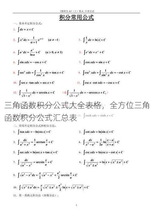三角函数积分公式大全表格