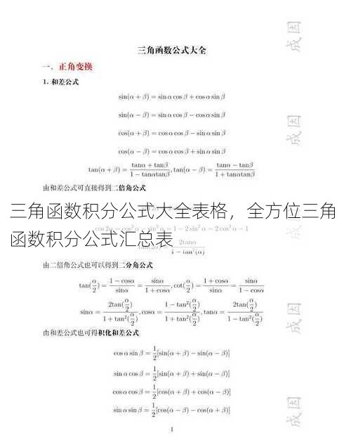 三角函数积分公式大全表格