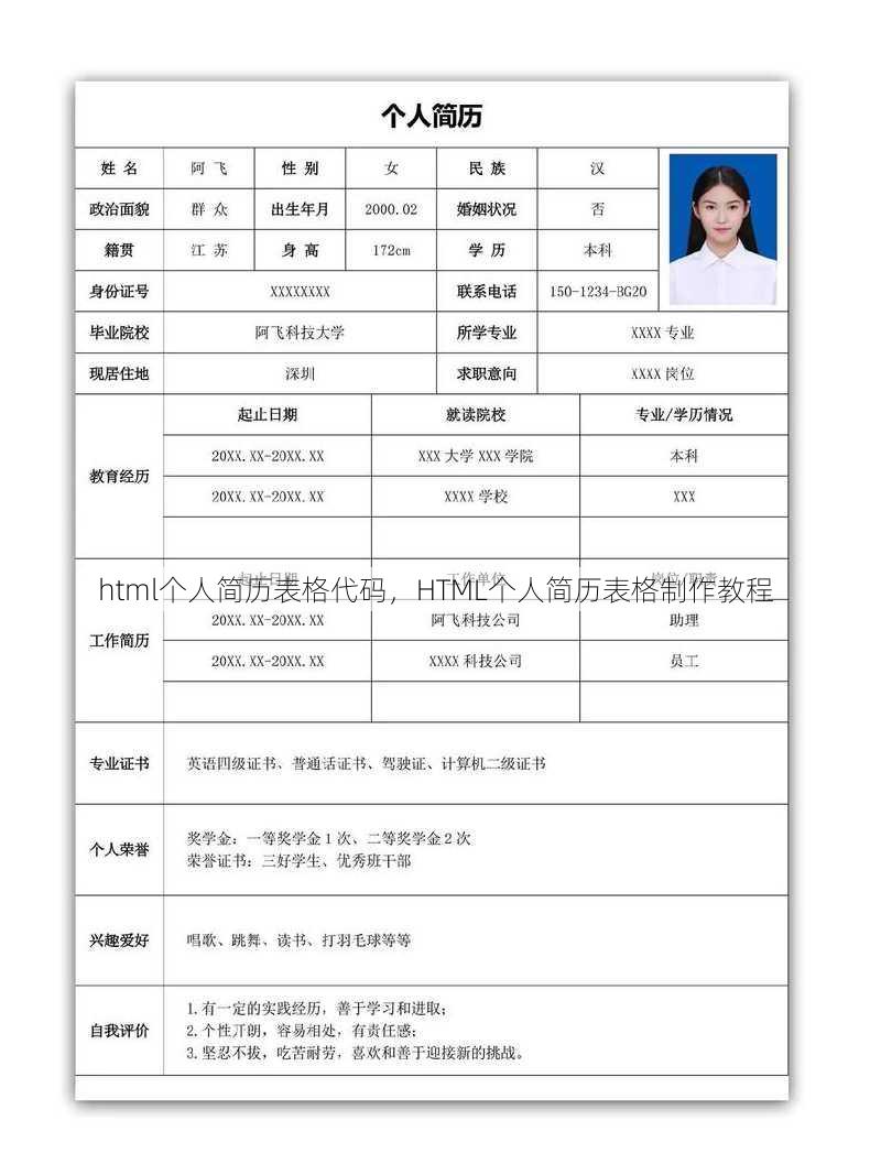 html个人简历表格代码