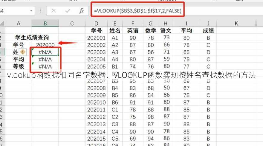 vlookup函数找相同名字数据