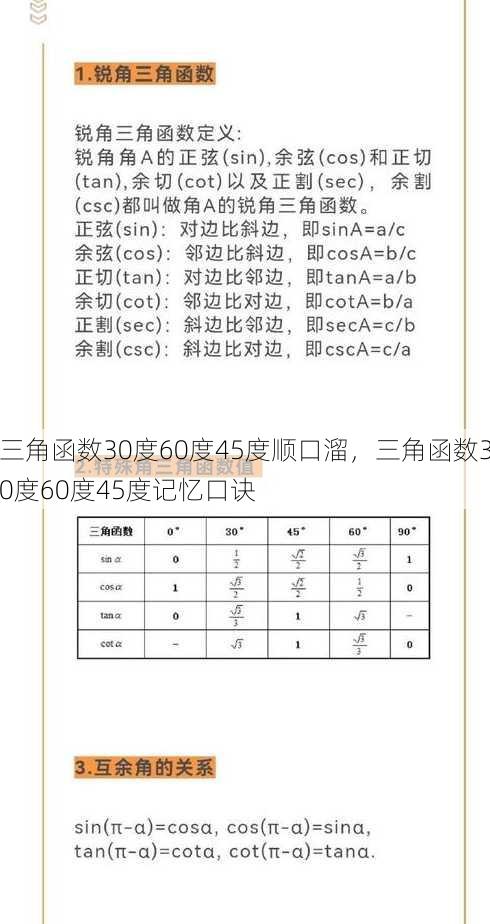 三角函数30度60度45度顺口溜