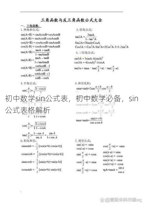 初中数学sin公式表