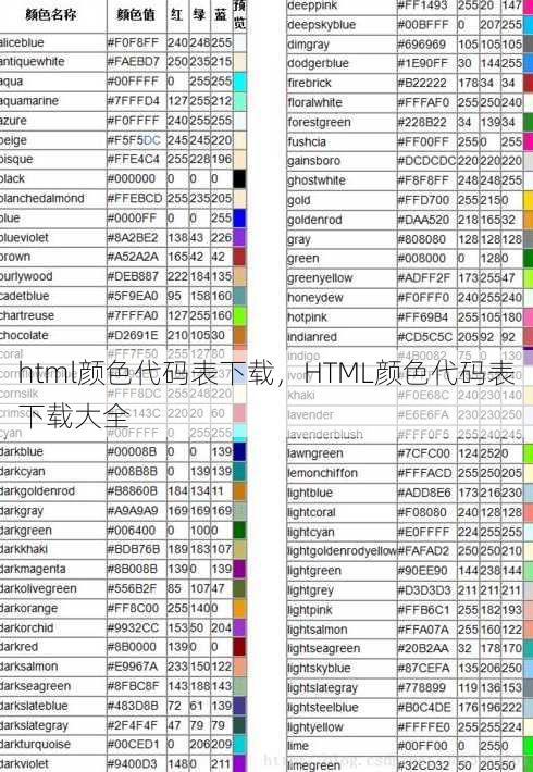 html颜色代码表下载