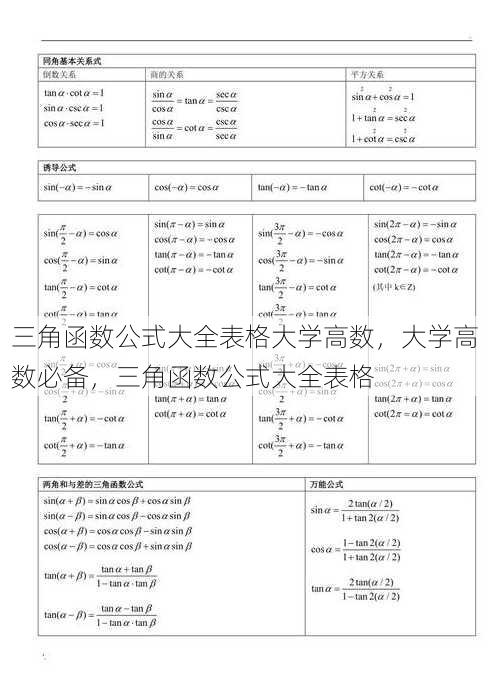 三角函数公式大全表格大学高数
