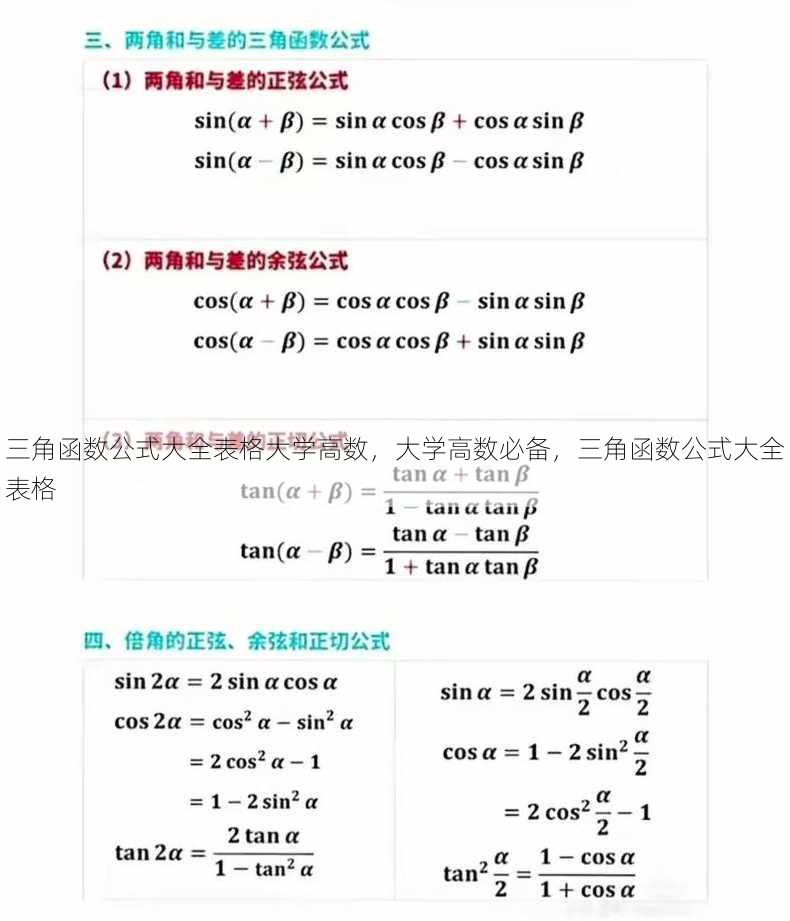 三角函数公式大全表格大学高数