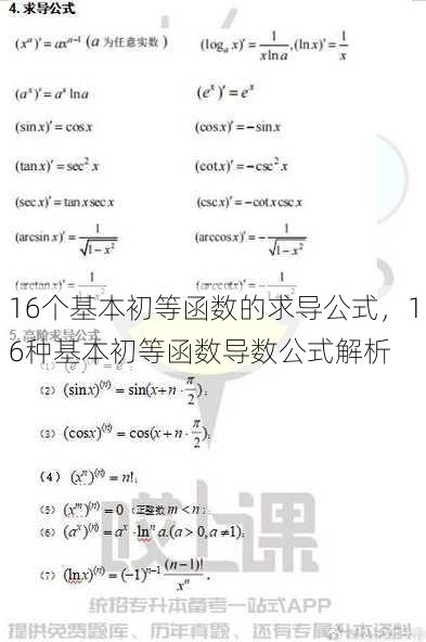 16个基本初等函数的求导公式