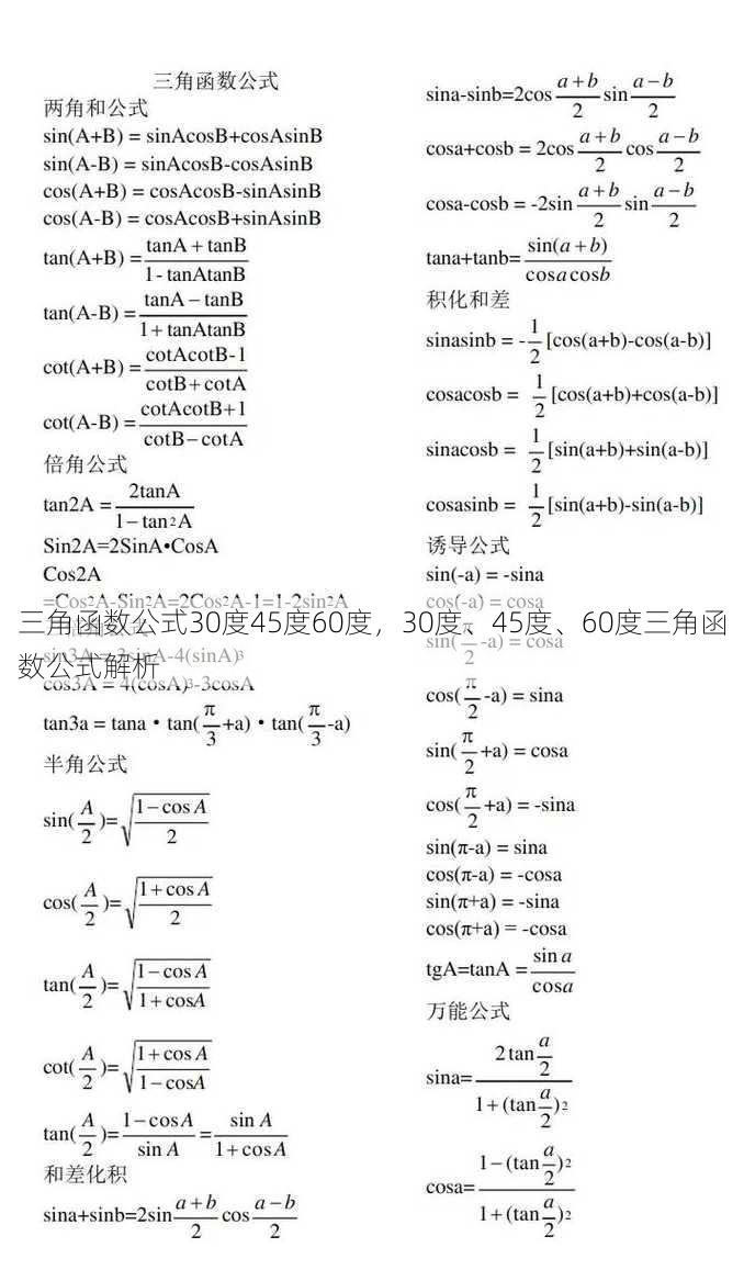 三角函数公式30度45度60度