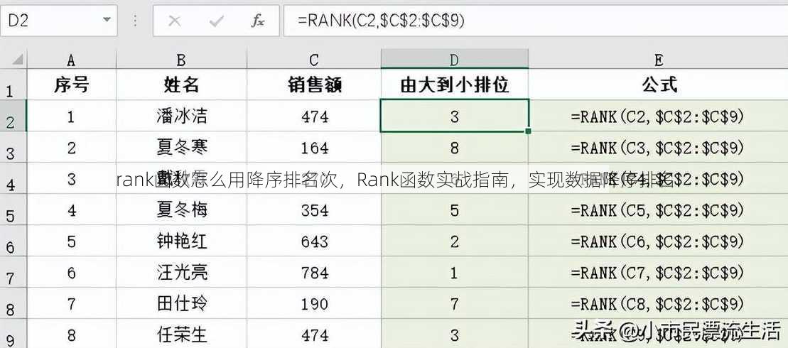 rank函数怎么用降序排名次