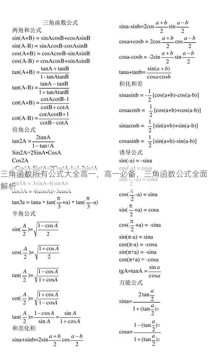 三角函数所有公式大全高一