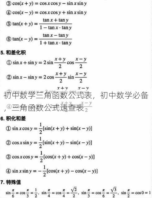初中数学三角函数公式表