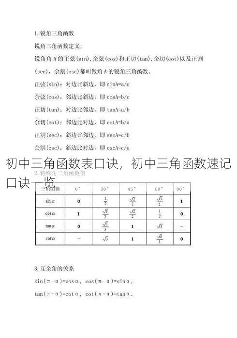 初中三角函数表口诀