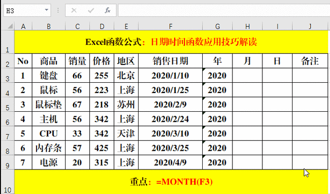 month函数隐藏多余的日期