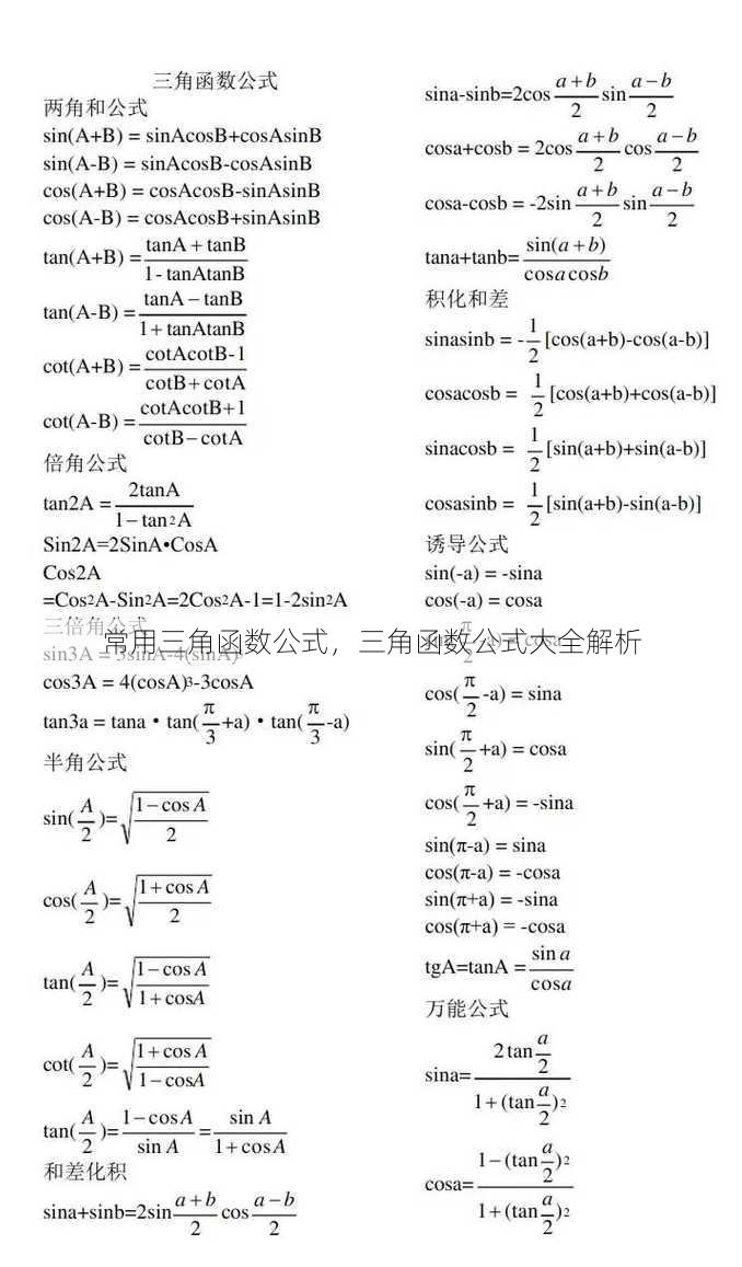 常用三角函数公式